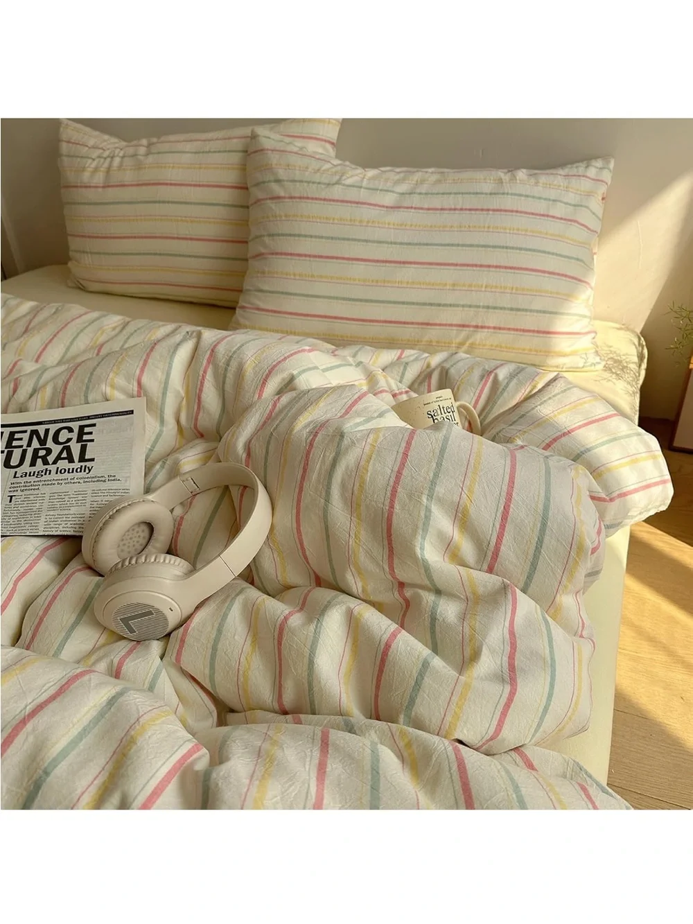 NEW Colorful 100% Cotton Striped Duvet Cover Pink Green Yellow, 3-Piece. Full